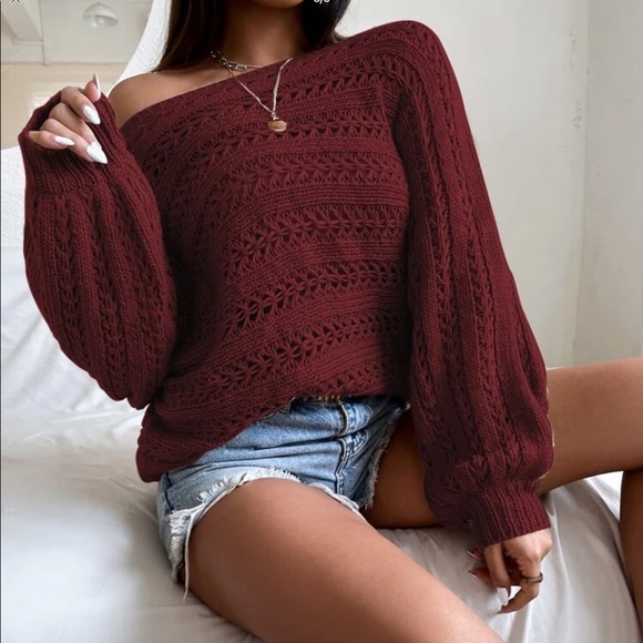BURGUNDY OPEN KNIT LANTERN SLEEVE SWEATER - Picture 3 of 8